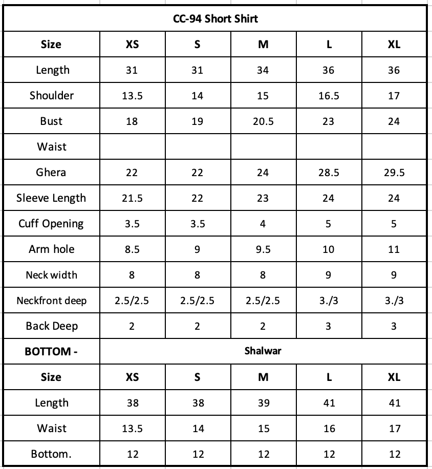 Size Chart (inches)