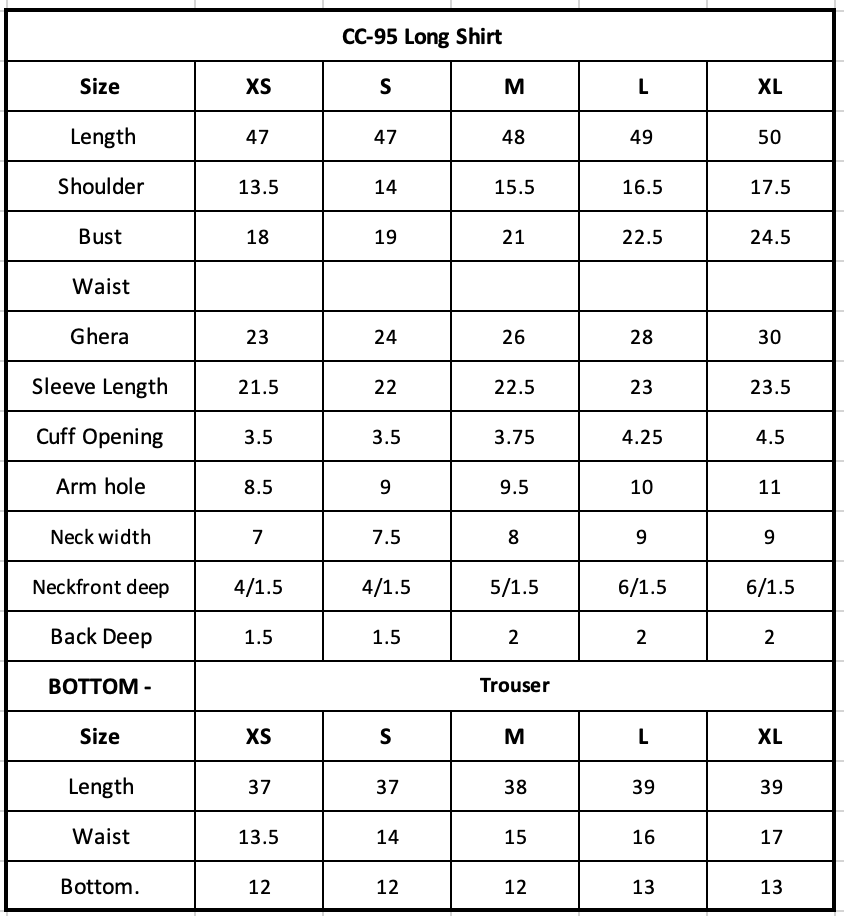 Size Chart (inches)