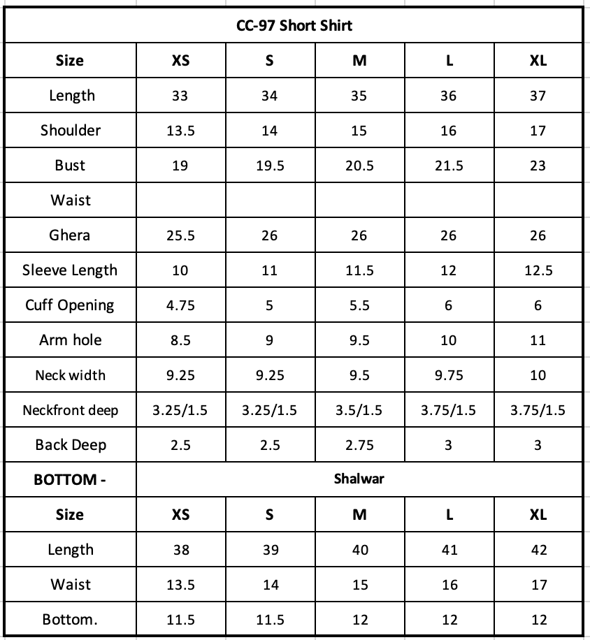 Size Chart (inches)