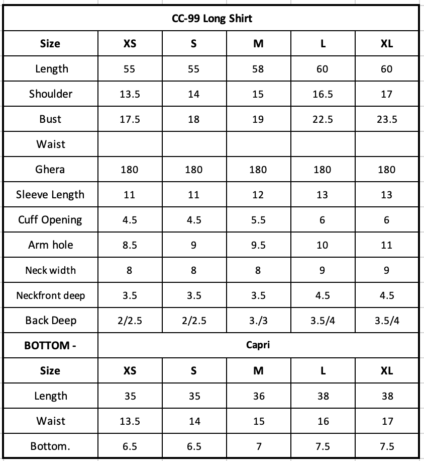 Size Chart (inches)