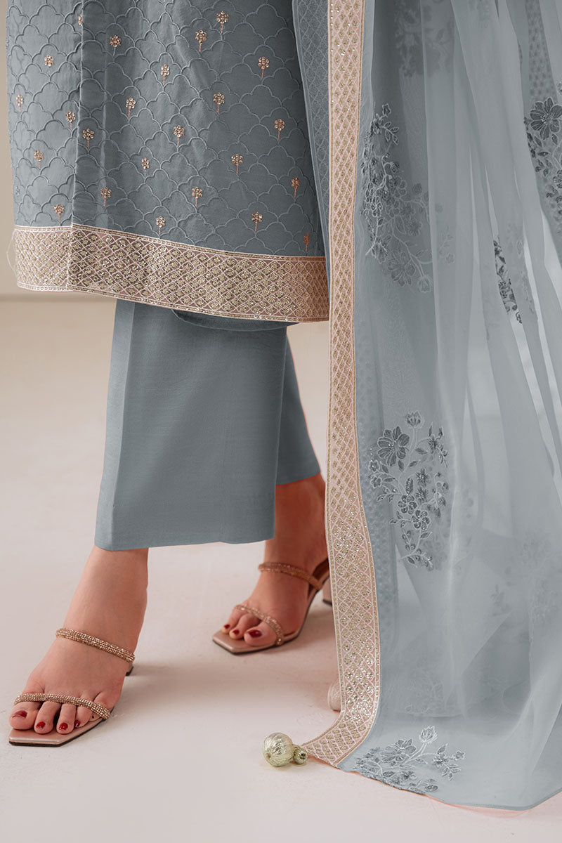 GOSSAMER GREEN-4PC ORGANZA EMBROIDERED SUIT