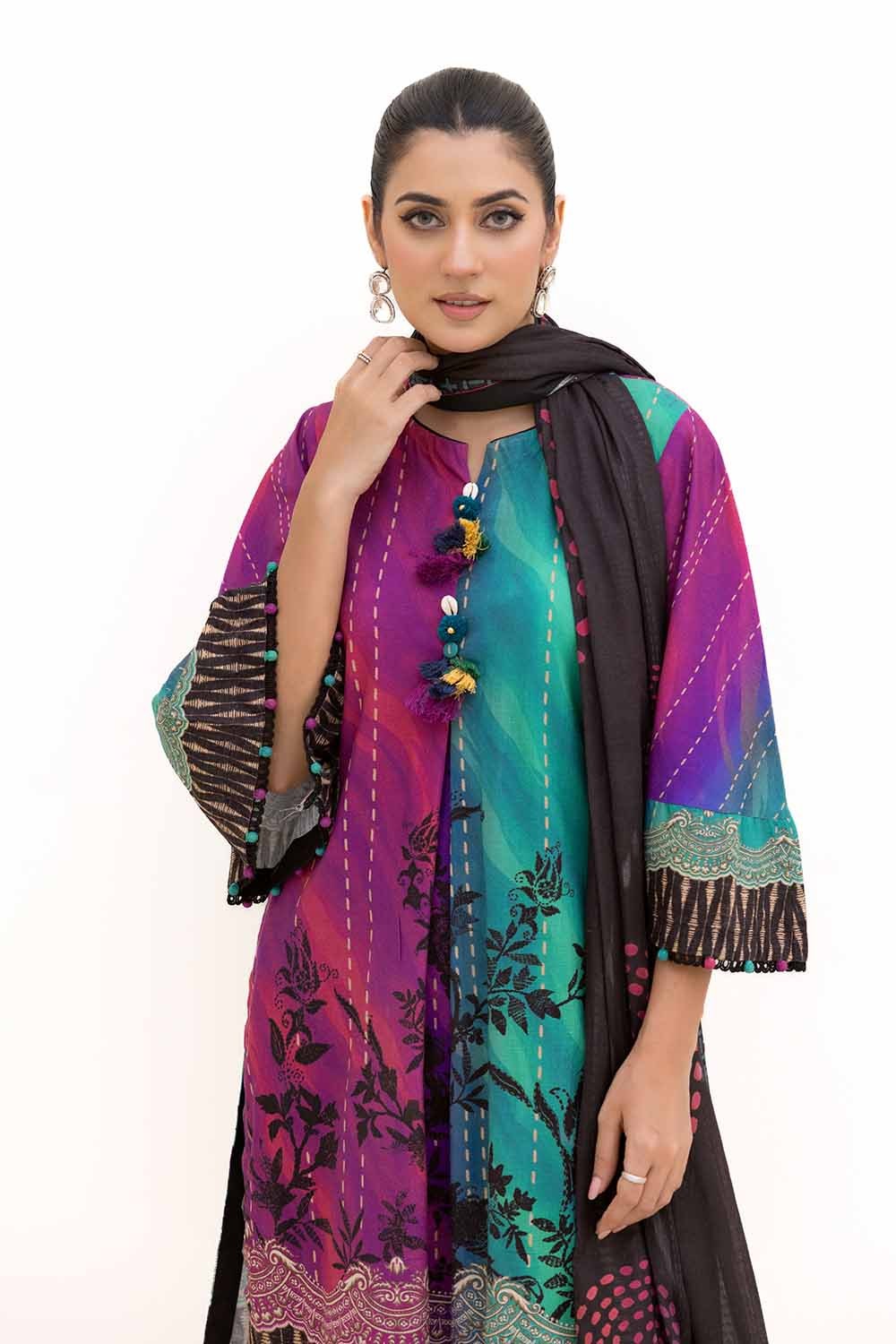 3 Piece Unstitched Printed Khaddar Suit With Printed Cotton Net Dupatta