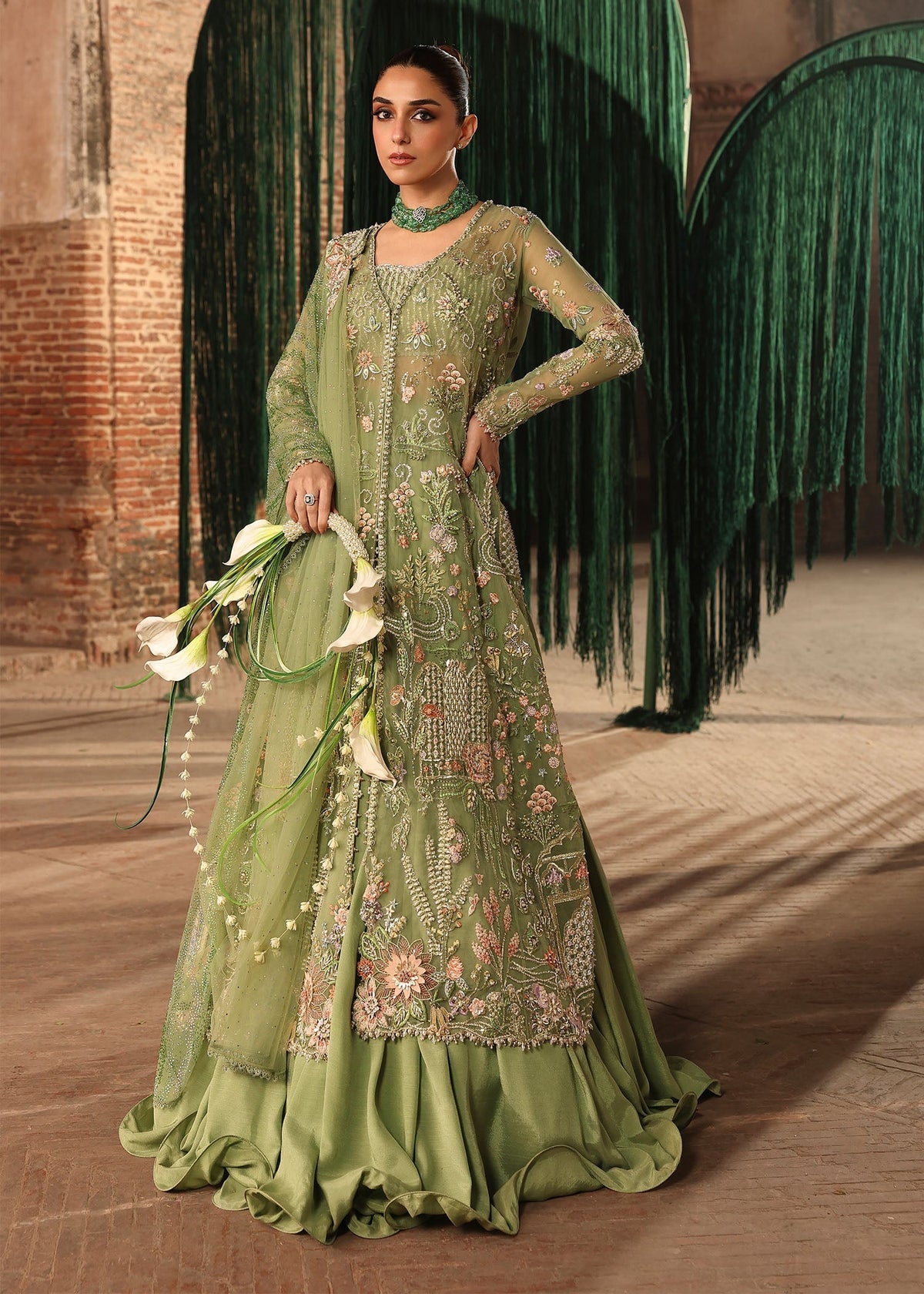 Crimson – Mint Green Net Embroidered Lehenga Style