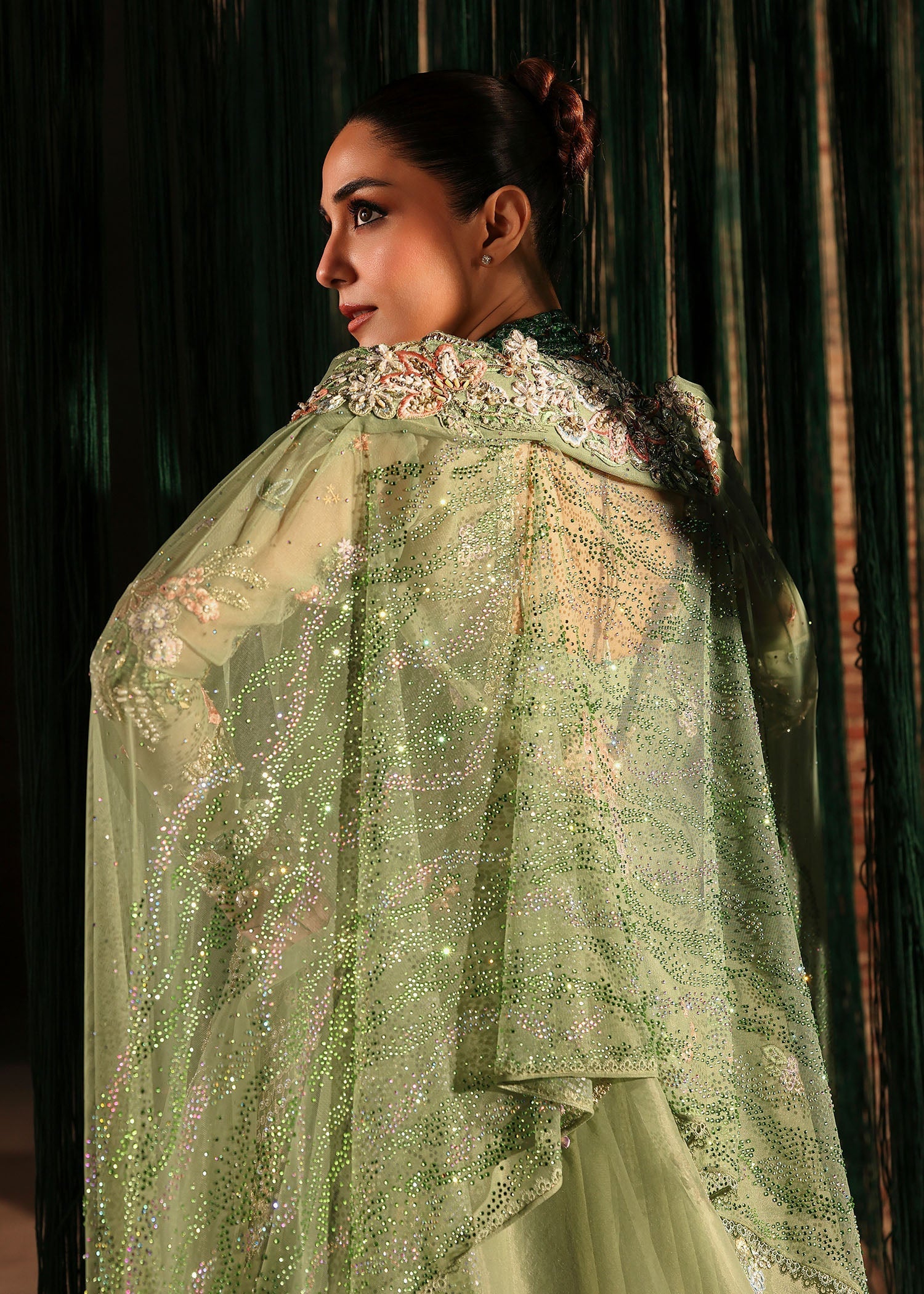 Crimson – Mint Green Net Embroidered Lehenga Style