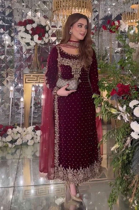 Poshkari Maroon Majesty Luxury Velvet Embroidered Collection (aneelas ) Unstitched / Stitched Suit PA-215