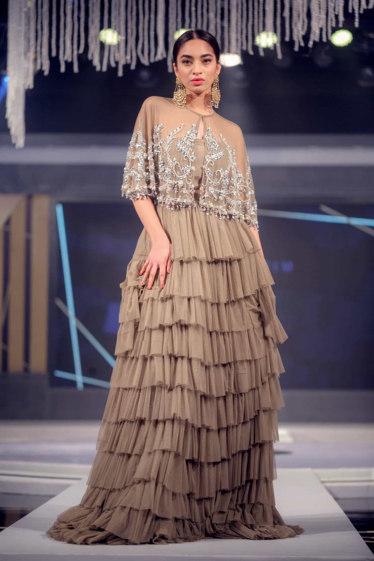 Grey Tulle Crystal Cape with Tiered Skirt