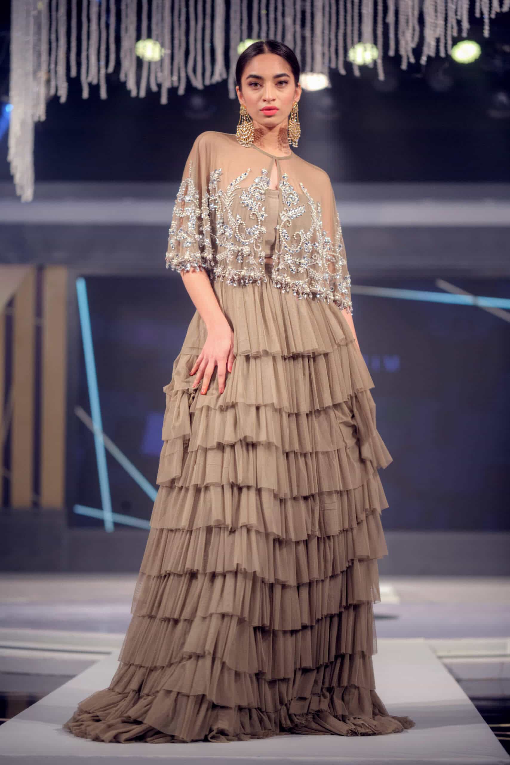 Grey Tulle Crystal Cape with Tiered Skirt