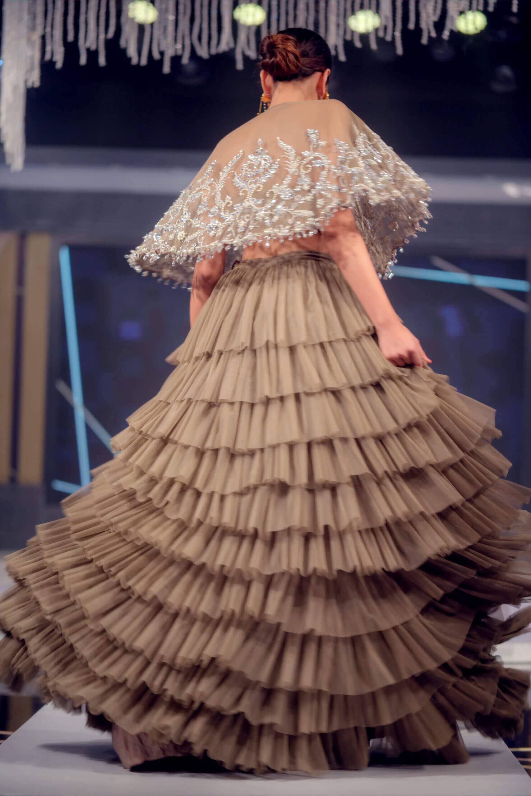 Grey Tulle Crystal Cape with Tiered Skirt