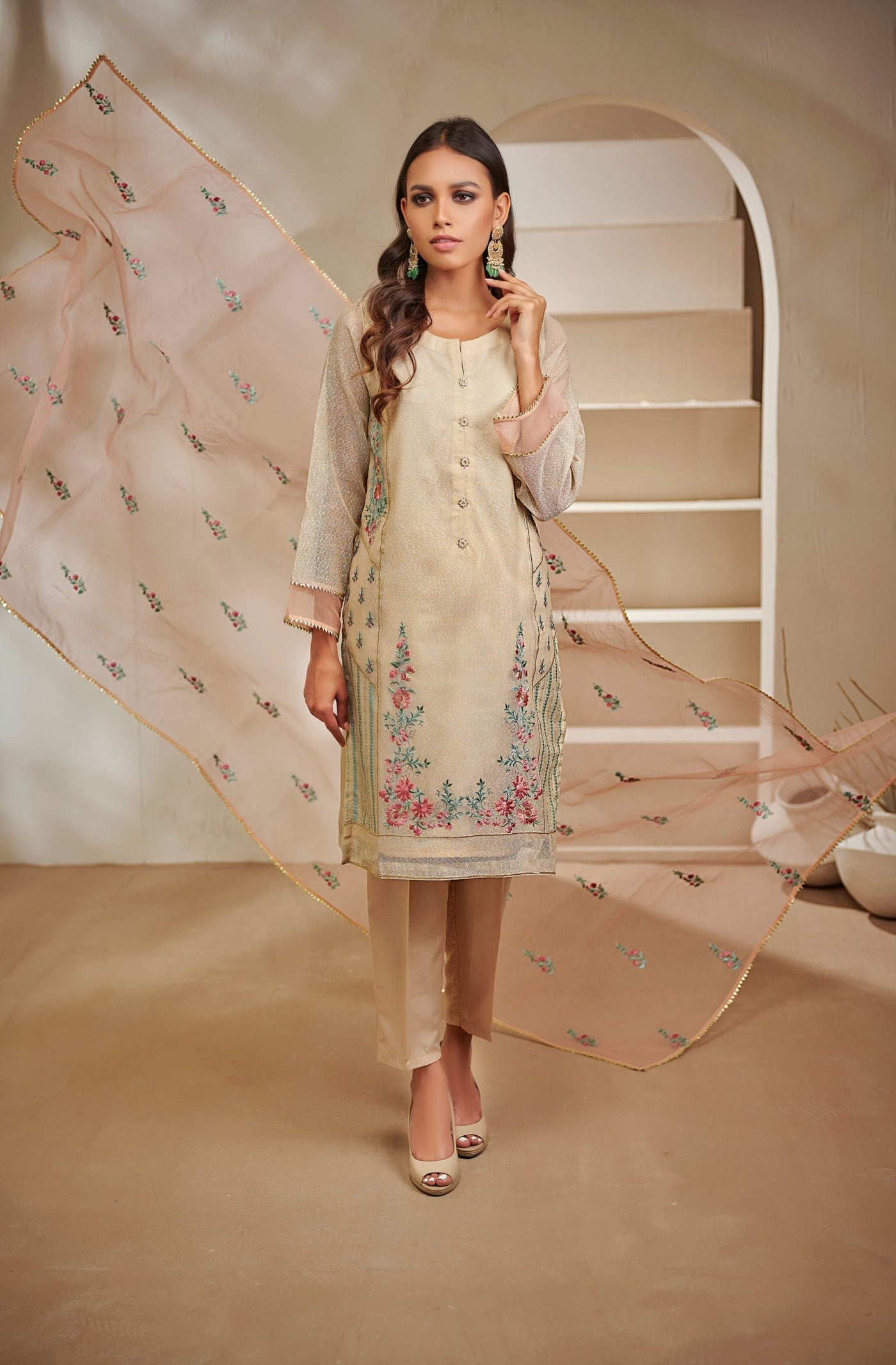Da-1445 Beige Embroidered Kurta With Dupatta
