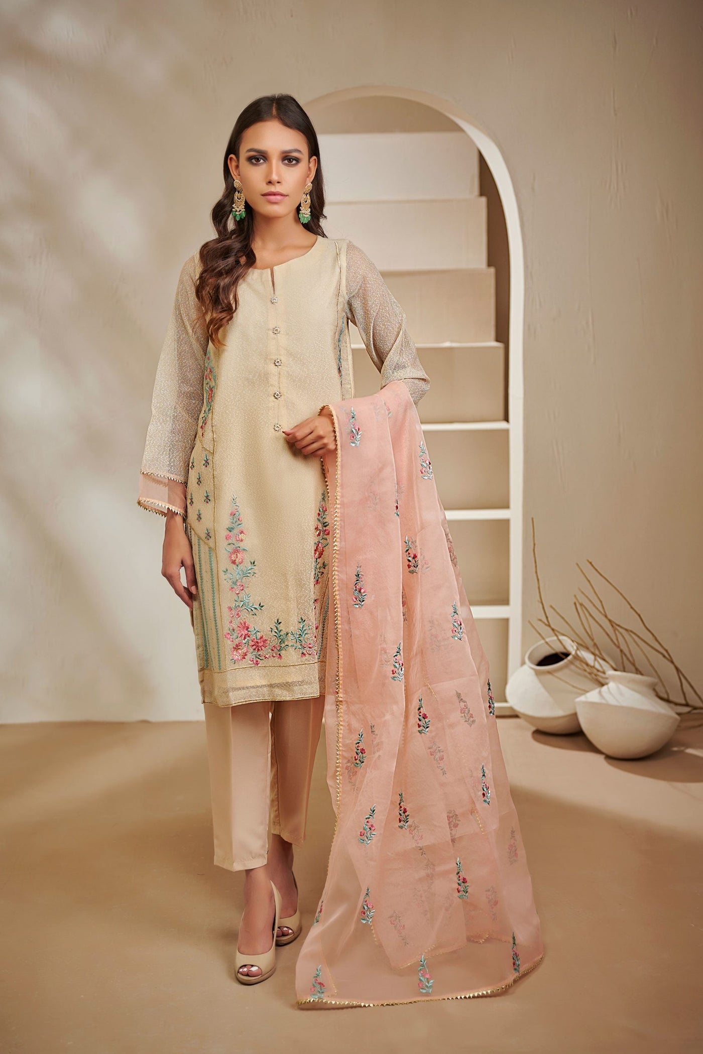 Da-1445 Beige Embroidered Kurta With Dupatta