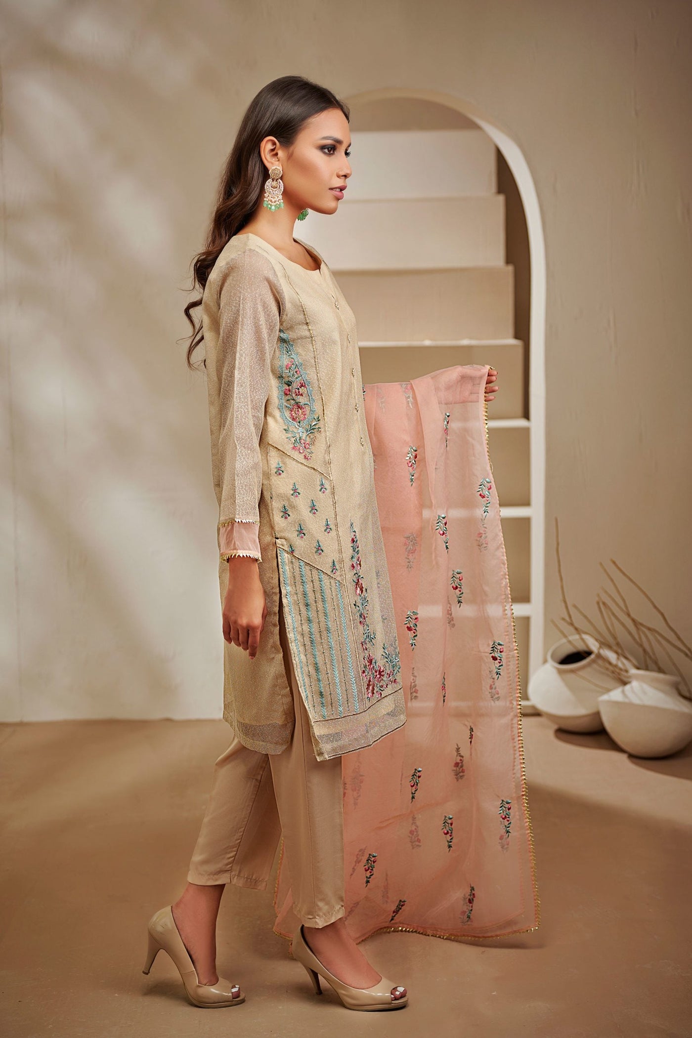 Da-1445 Beige Embroidered Kurta With Dupatta