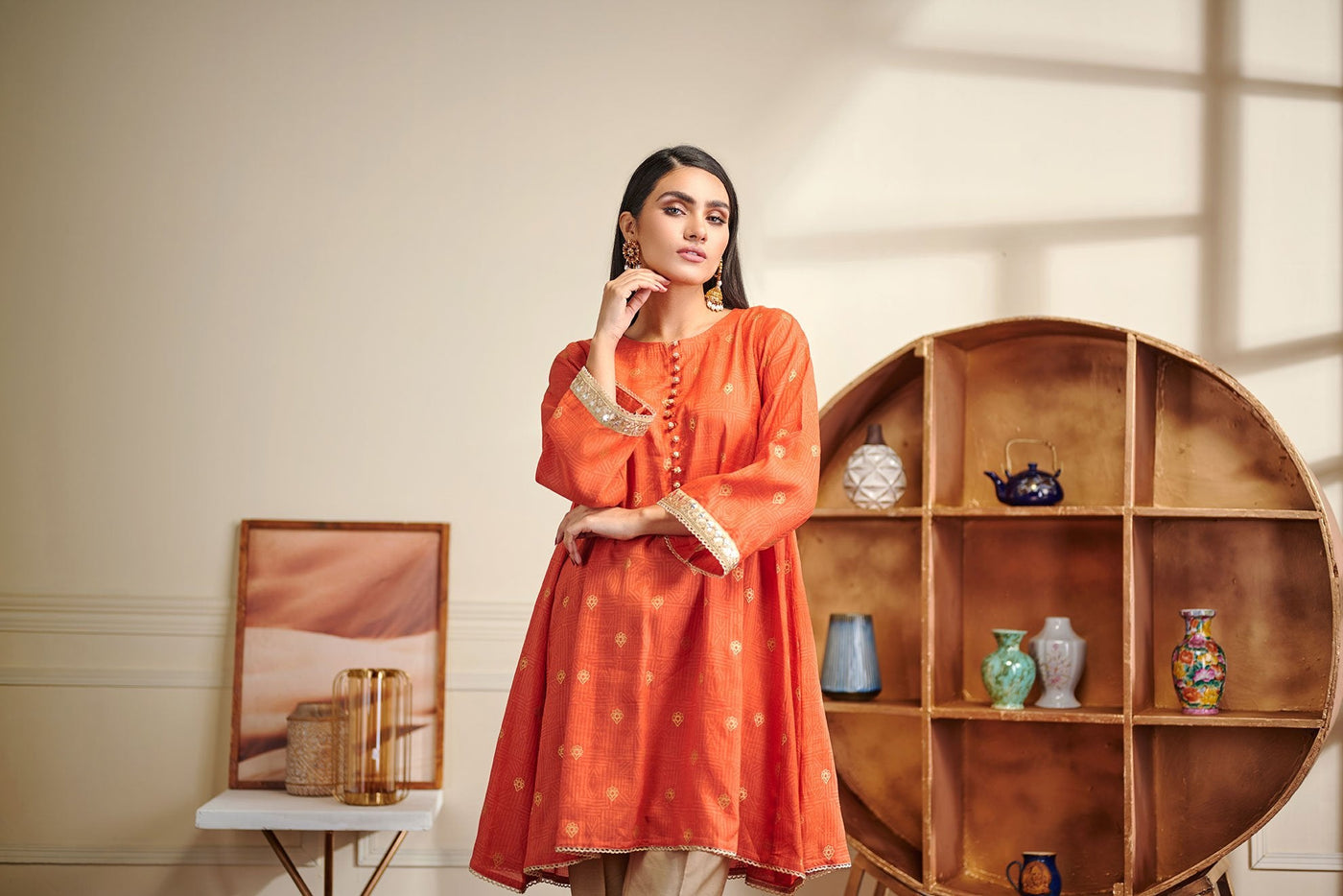 Da-1491 Orange Embroidered Kurta