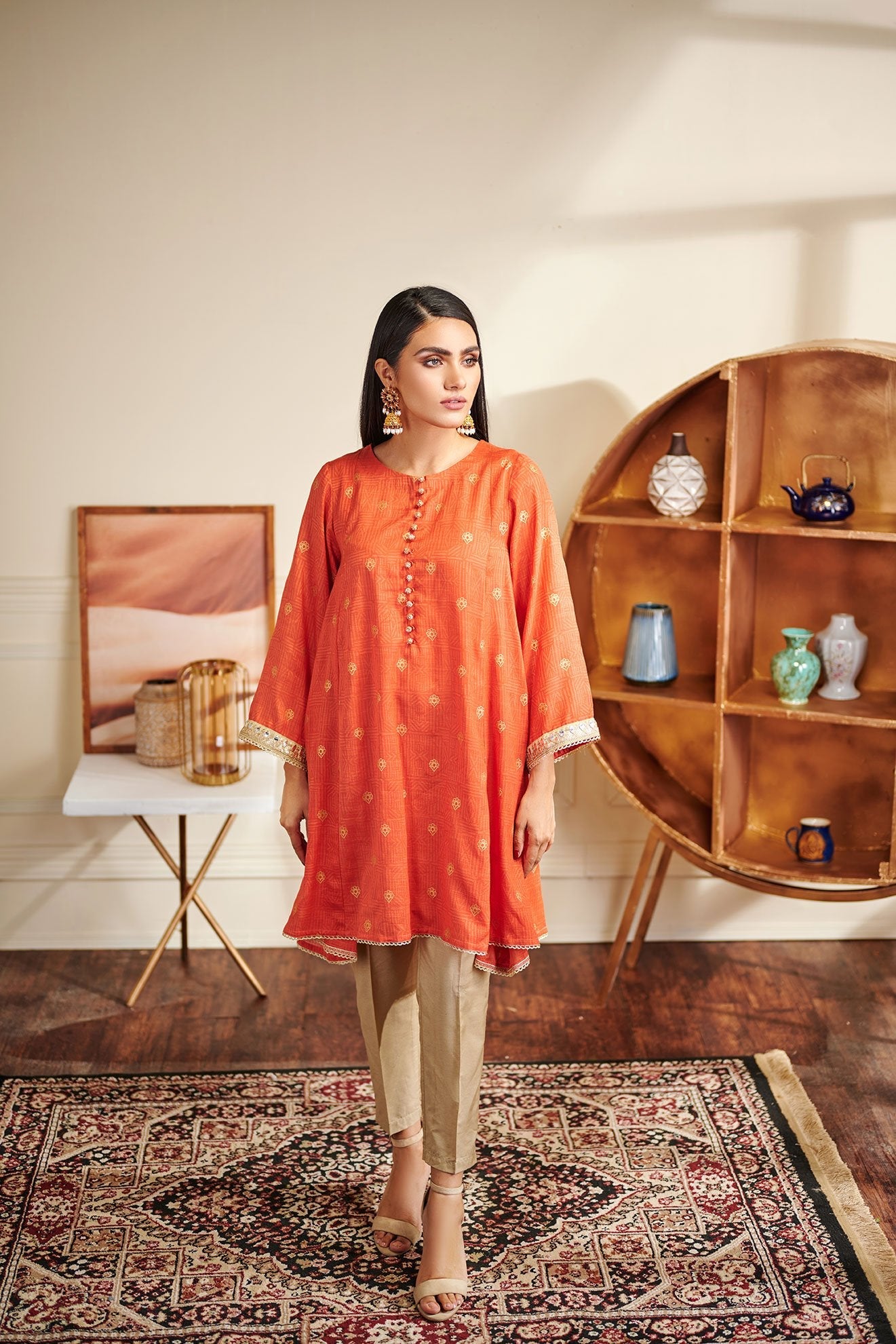 Da-1491 Orange Embroidered Kurta