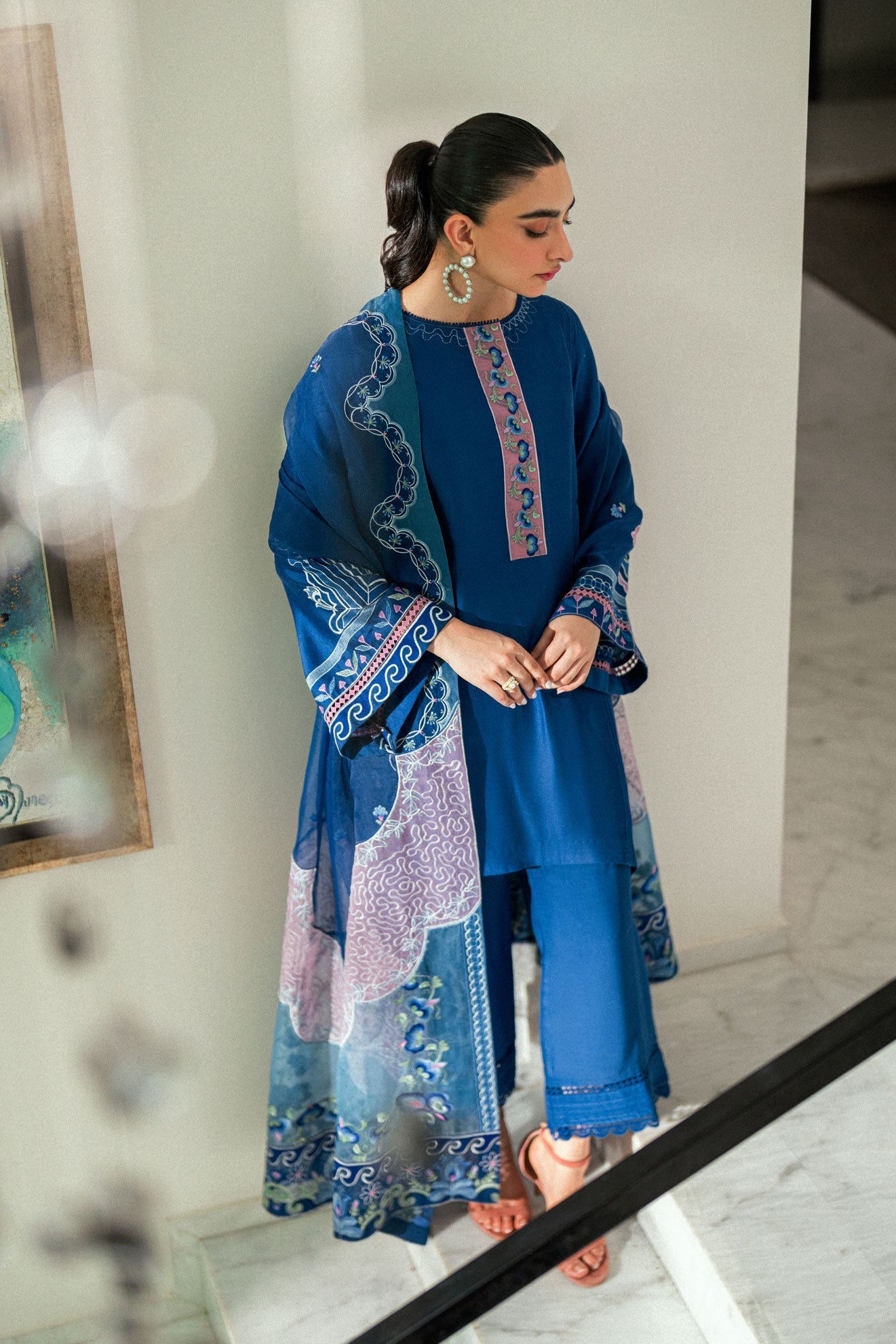 SS25DA-2745 N-BLUE  2PCS EMBROIDERED KURTA WITH TROUSER