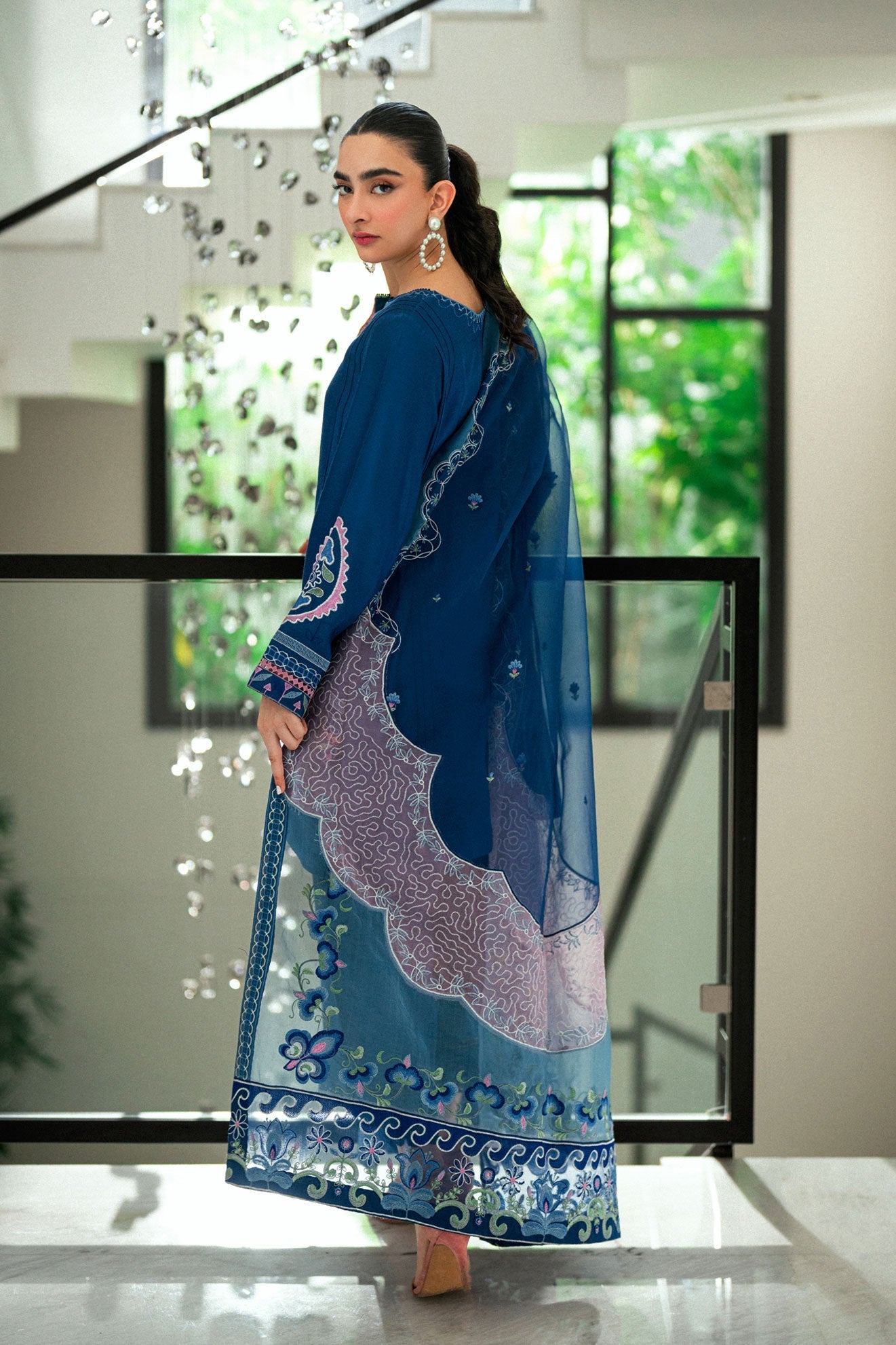 SS25DA-2745 N-BLUE  2PCS EMBROIDERED KURTA WITH TROUSER