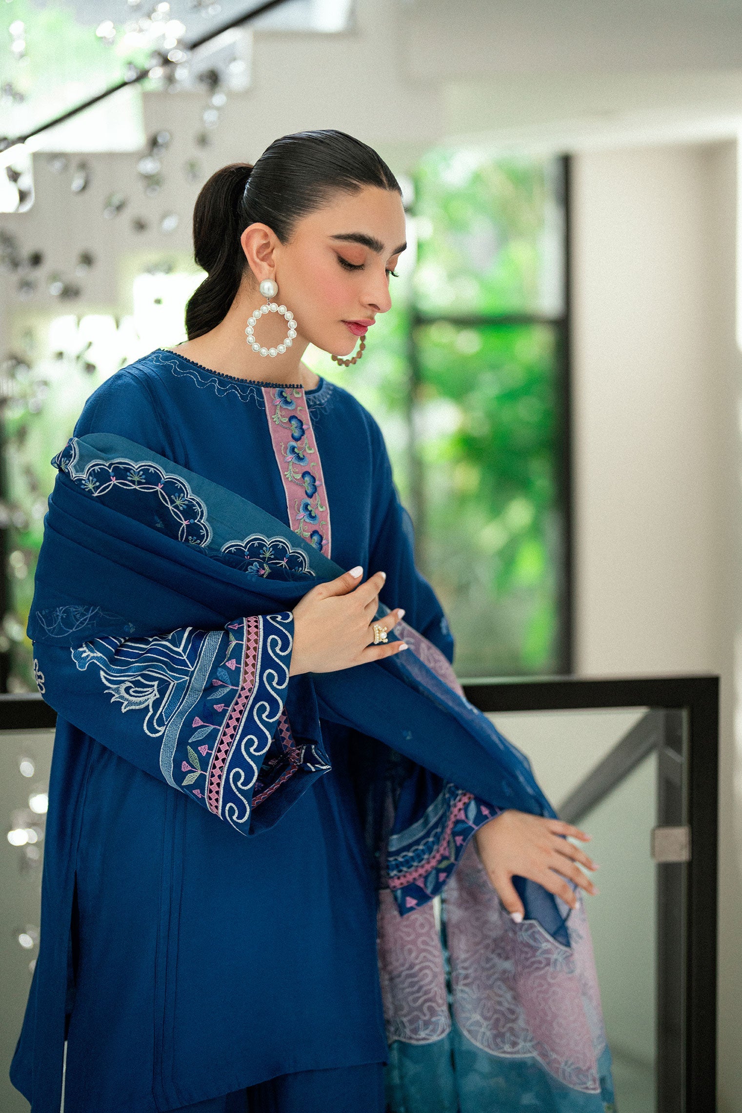 SS25DA-2745 N-BLUE  2PCS EMBROIDERED KURTA WITH TROUSER