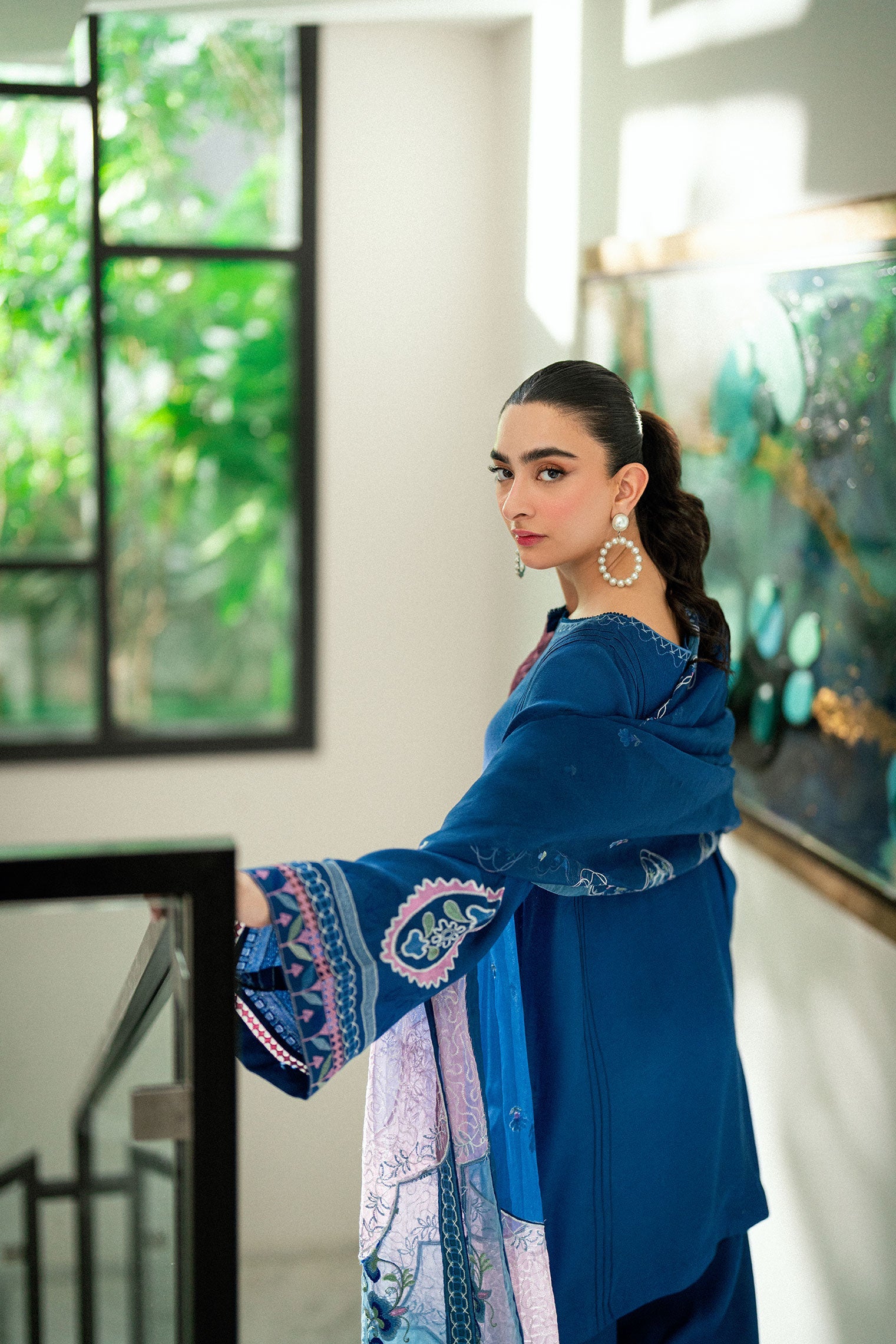 SS25DA-2745 N-BLUE  2PCS EMBROIDERED KURTA WITH TROUSER