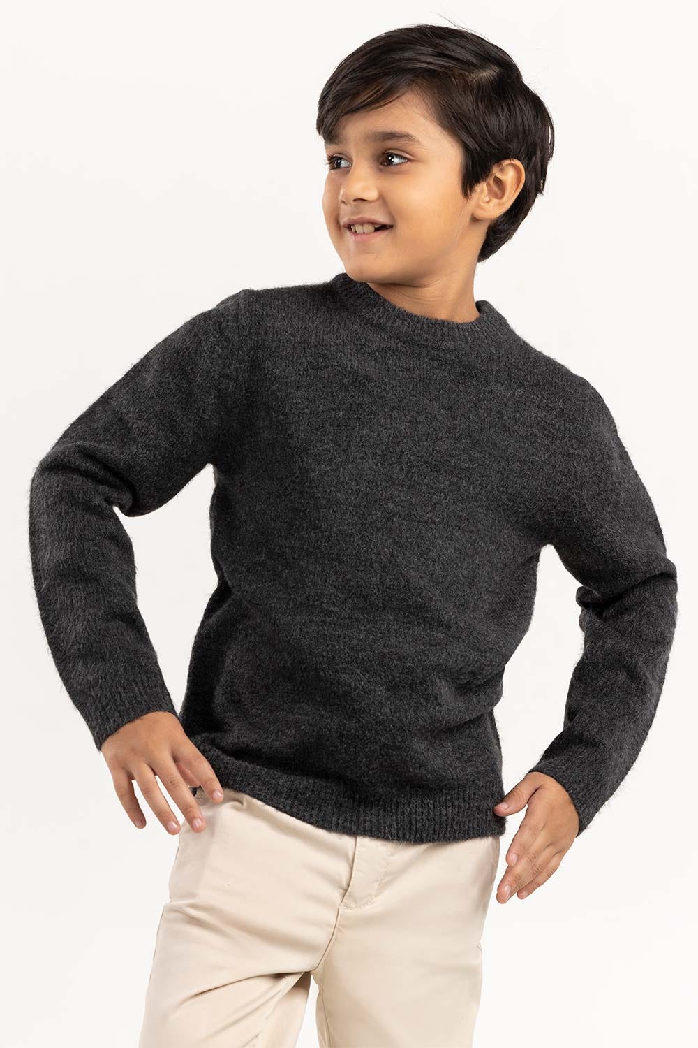 Junior Boy Dark Grey Knit Sweater With A Round Neck