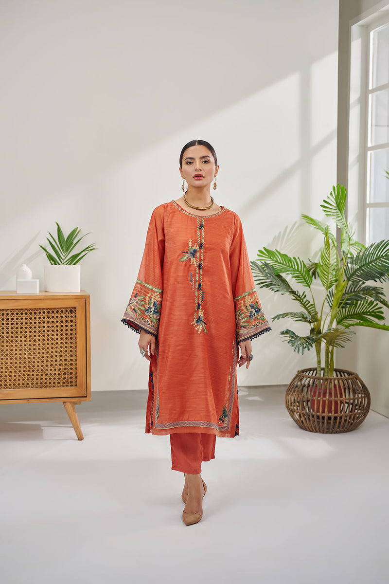 DC-0412 RUST 2PCS  EMBROIDERED KURTA WITH TROUSER