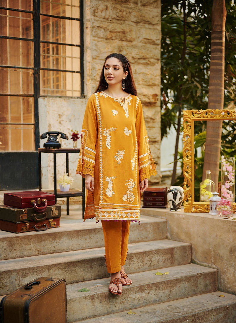 DC-2020 ACRYLIC ORANGE 2PCS EMBROIDERED KURTA WITH TROUSER