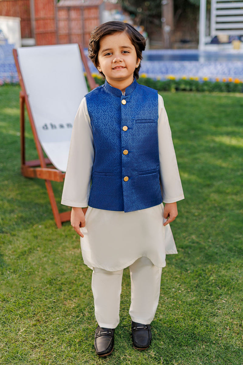 Ss26Dk-0225 - Blue - Kurta ,Pajama & Waist Coat - 3Pcs