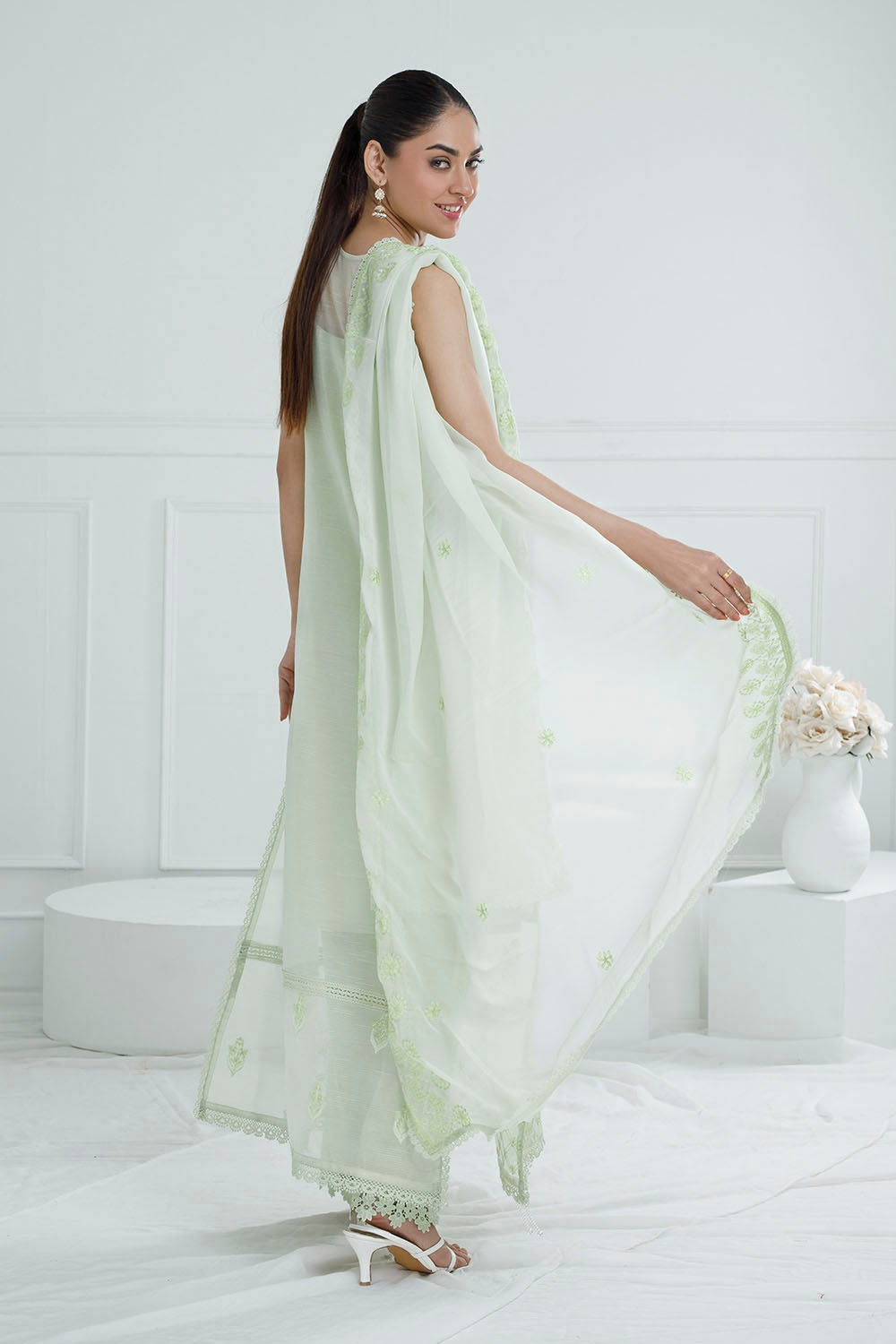 3 Piece Unstitched Embroidered Paper Cotton Suit With Embroidered Chiffon Dupatta