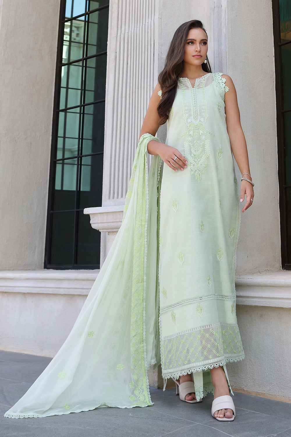 3 Piece Unstitched Embroidered Paper Cotton Suit With Embroidered Chiffon Dupatta