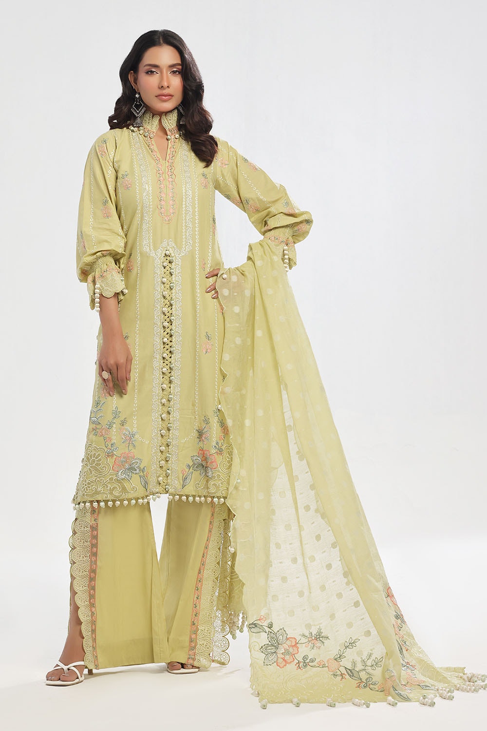 3 Piece Unstitched Embroidered Lawn Suit with Embroidered Jacquard Dupatta