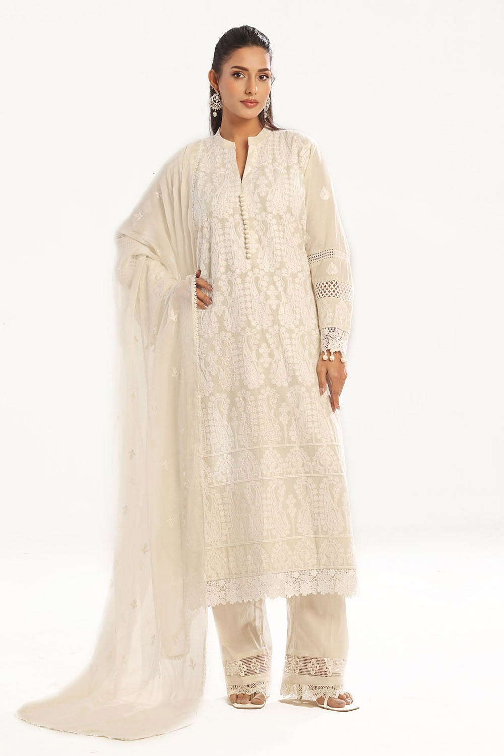 3 Piece Unstitched Embroidered Lawn Suit With Embroidered Chiffon Dupatta