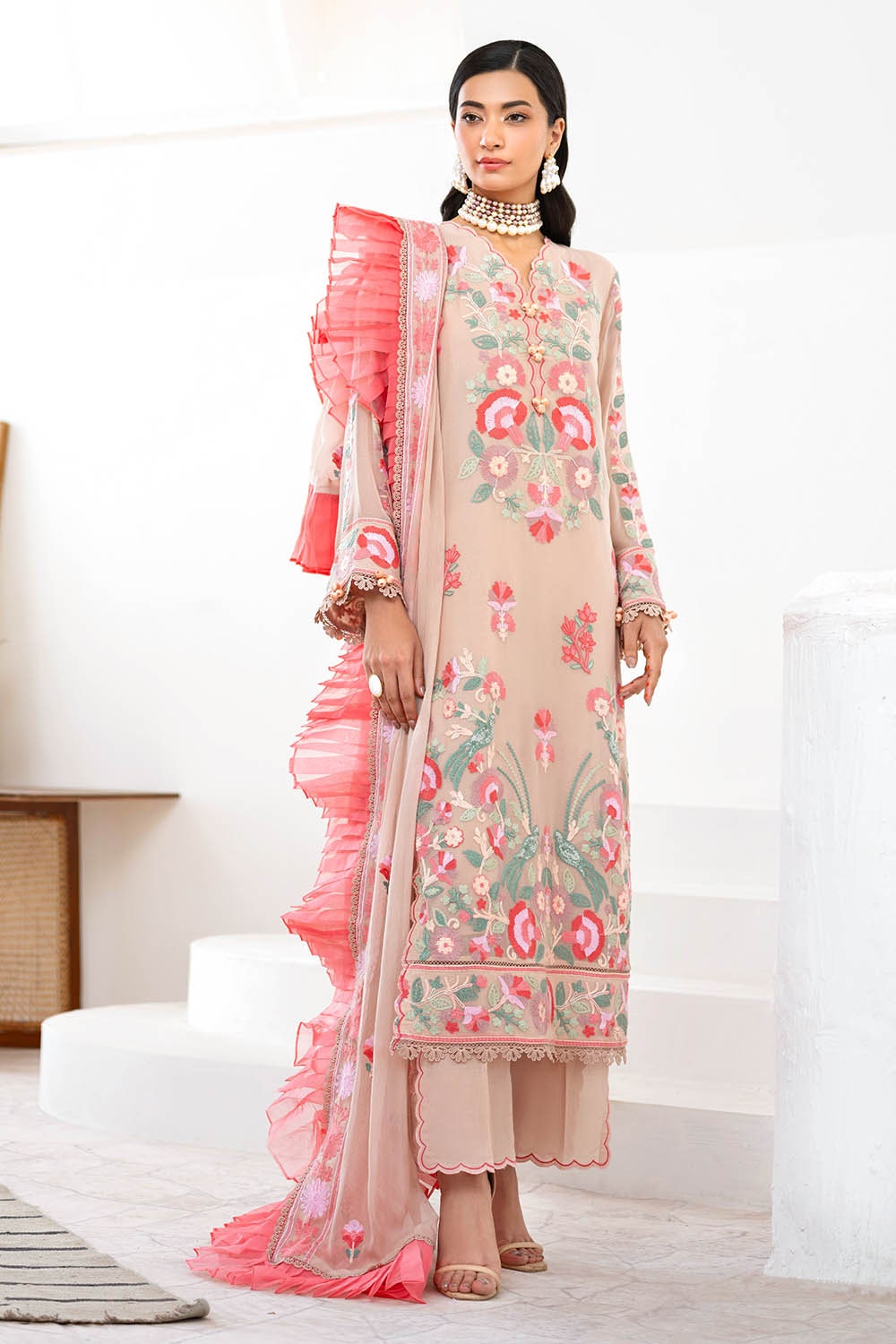 3 Piece Unstitched Embroidered Chiffon Suit with Embroidered Chiffon Dupatta