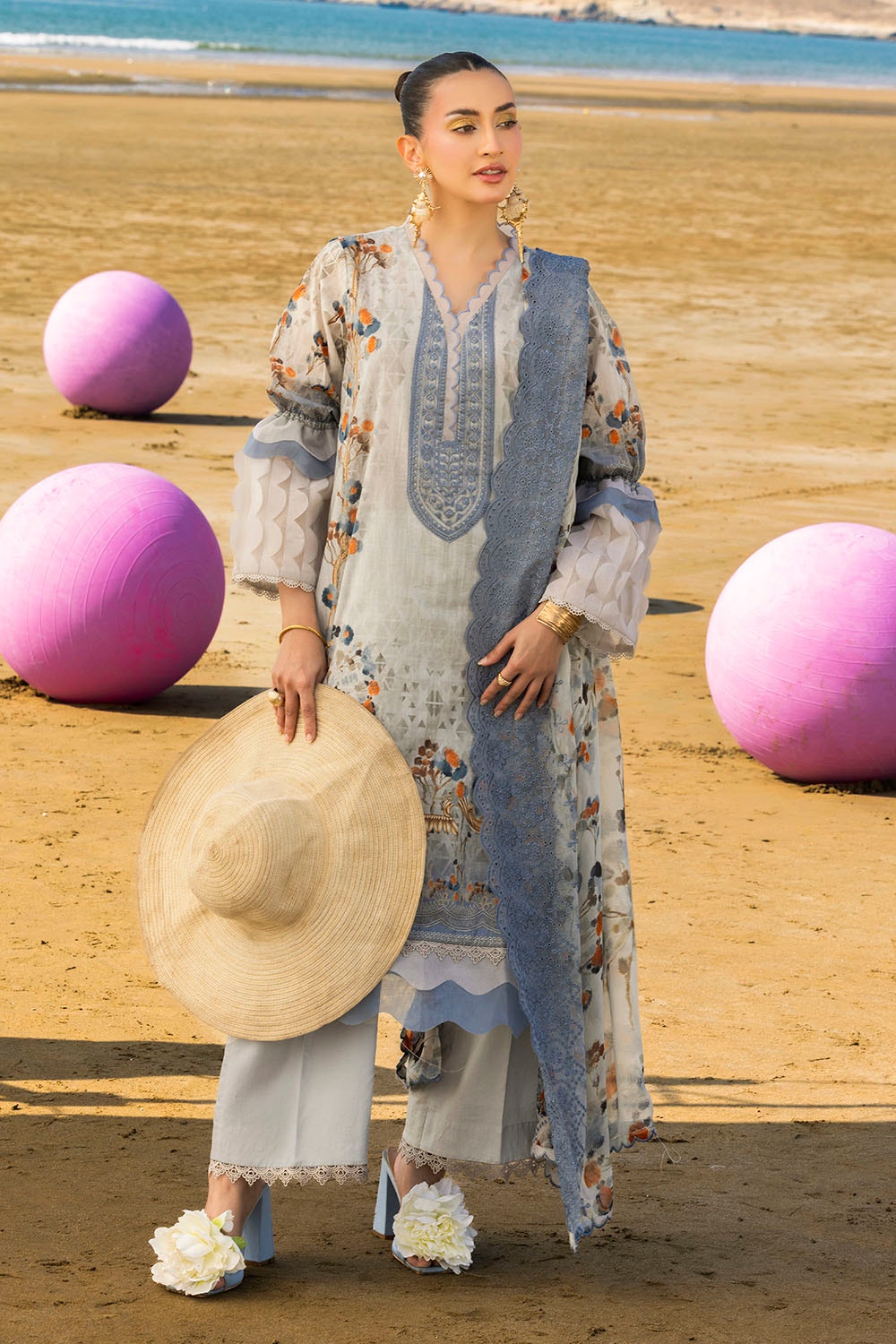 3 Piece Unstitched Embroidered Printed Lawn Suit With Embroidered Printed Chiffon Dupatta