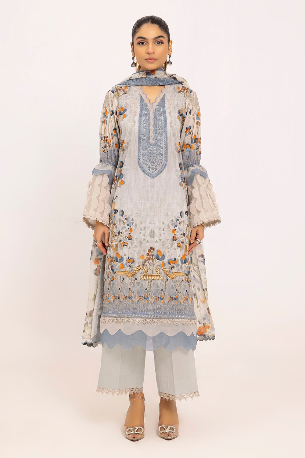 3 Piece Unstitched Embroidered Printed Lawn Suit With Embroidered Printed Chiffon Dupatta