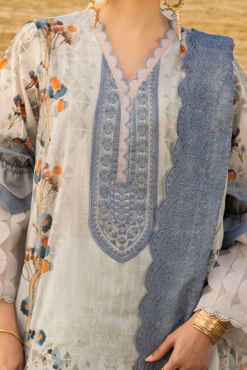 3 Piece Unstitched Embroidered Printed Lawn Suit With Embroidered Printed Chiffon Dupatta