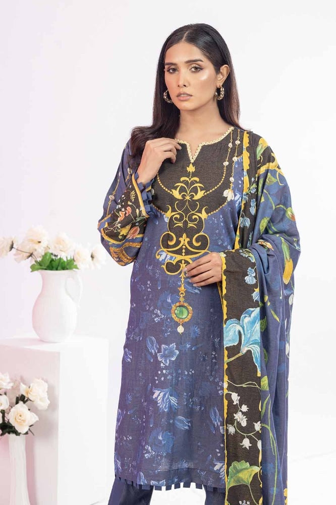 3 Piece Printed Chambray Unstitched Suit