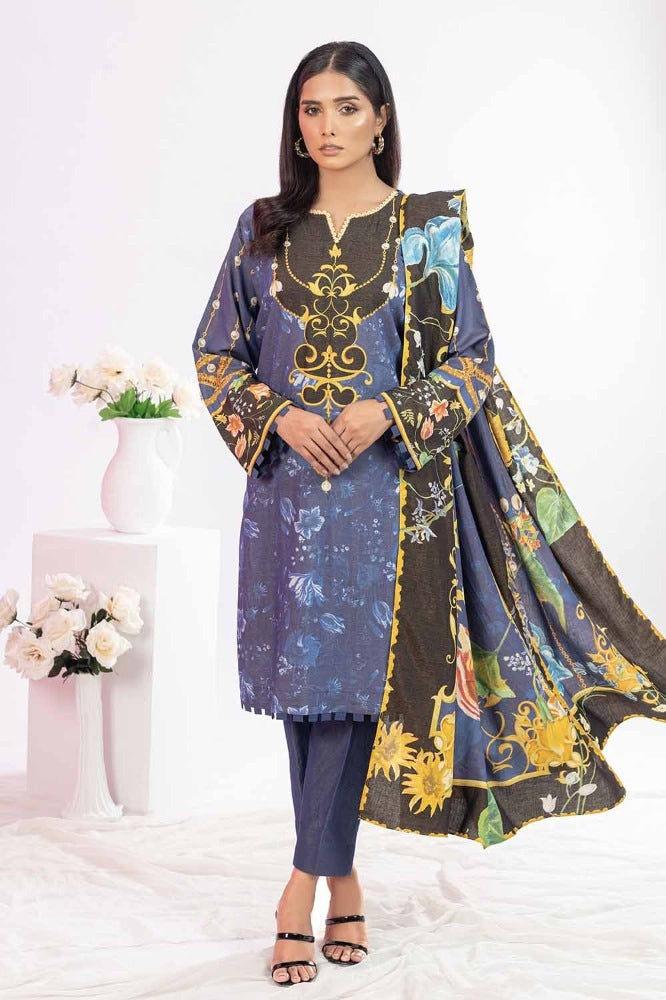 3 Piece Printed Chambray Unstitched Suit