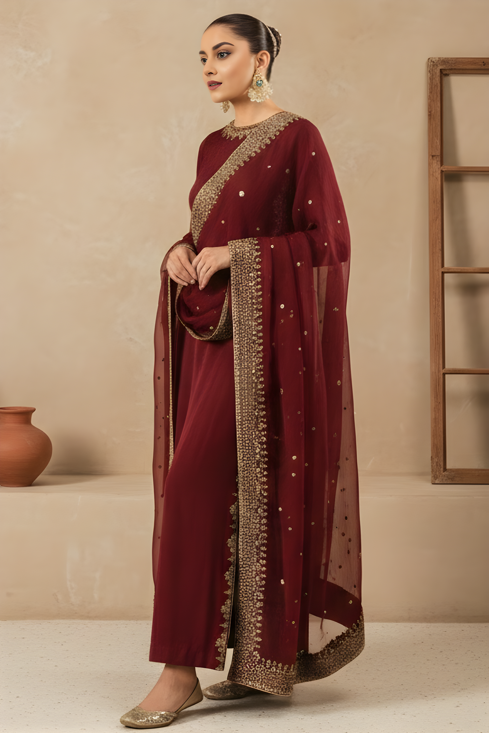 Maroon Pearl Lawn Suit | Tila Sequin Embroidered 3 Piece with Chiffon Dupatta