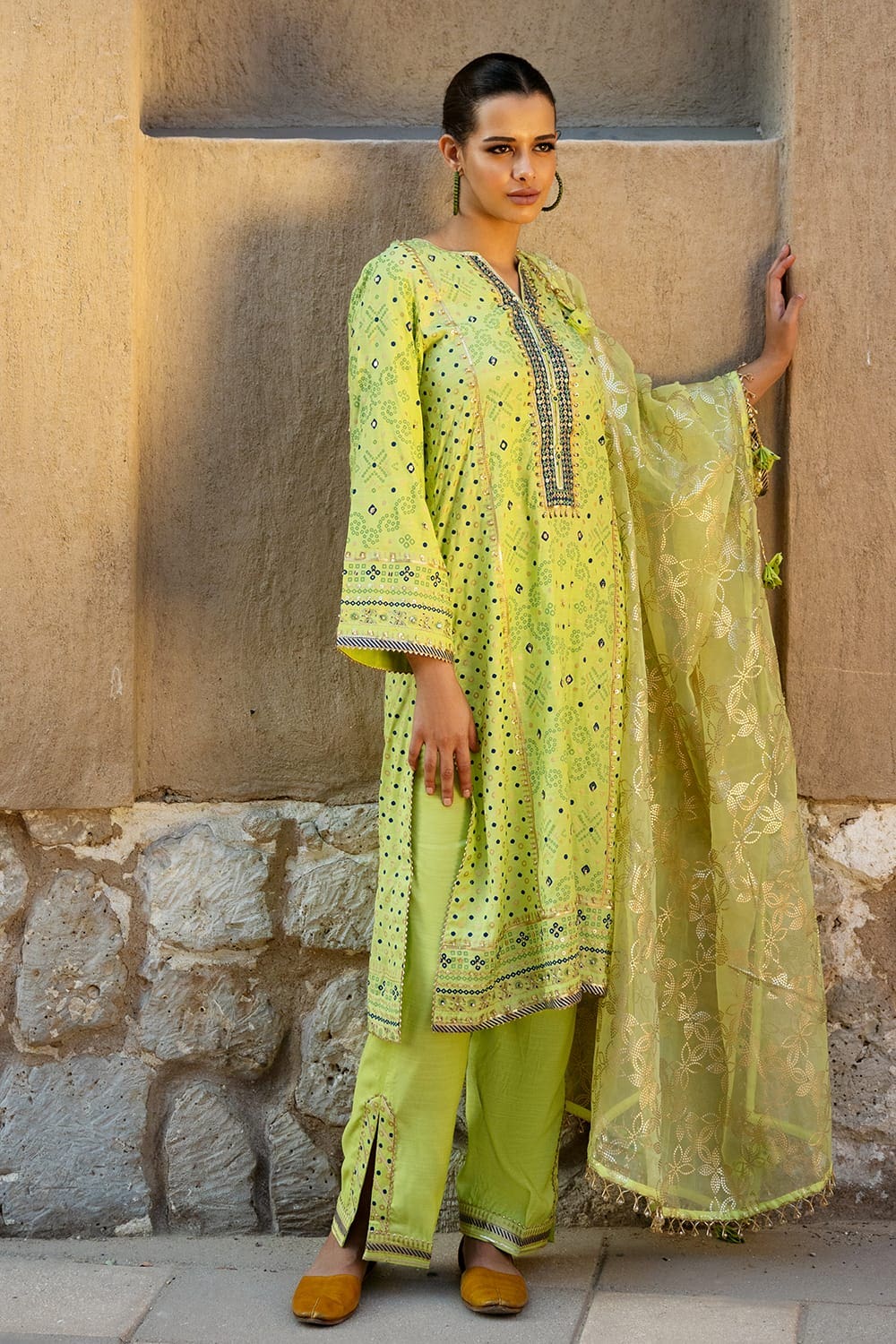3 Piece Hand Embroidered Gold and Lacquer Printed Raw Silk Unstitched Suit with Gold Foil Printed Organza Dupatta