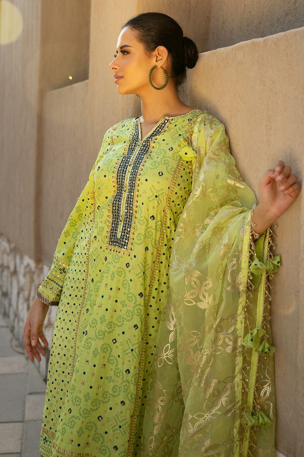 3 Piece Hand Embroidered Gold and Lacquer Printed Raw Silk Unstitched Suit with Gold Foil Printed Organza Dupatta