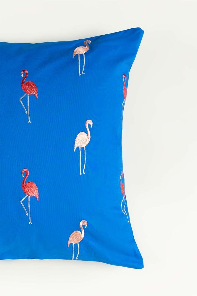 Aw23-Flamingo Cotton Embroidered Square Cushion Cover