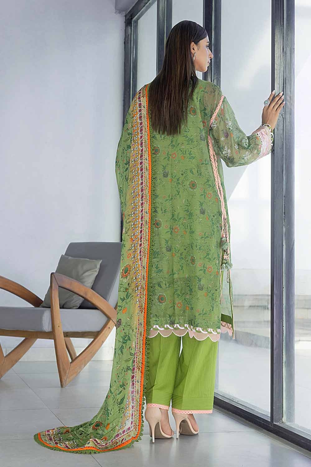 3 Piece Embroidered Digital Printed Cotton Net Unstitched Suit with Digital Printed Silk Dupatta with Lace