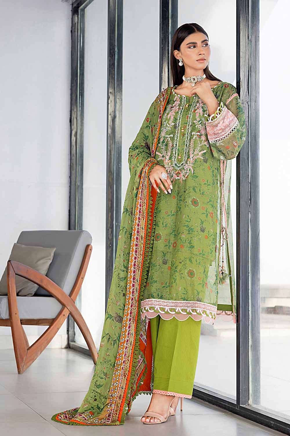 3 Piece Embroidered Digital Printed Cotton Net Unstitched Suit with Digital Printed Silk Dupatta with Lace
