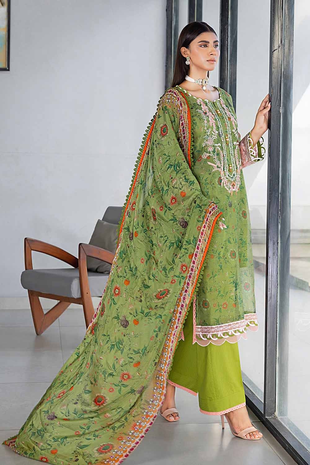 3 Piece Embroidered Digital Printed Cotton Net Unstitched Suit with Digital Printed Silk Dupatta with Lace