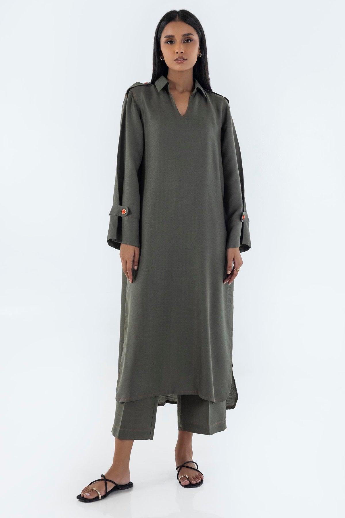 Stitched Olive Printed Shirt + Culotte