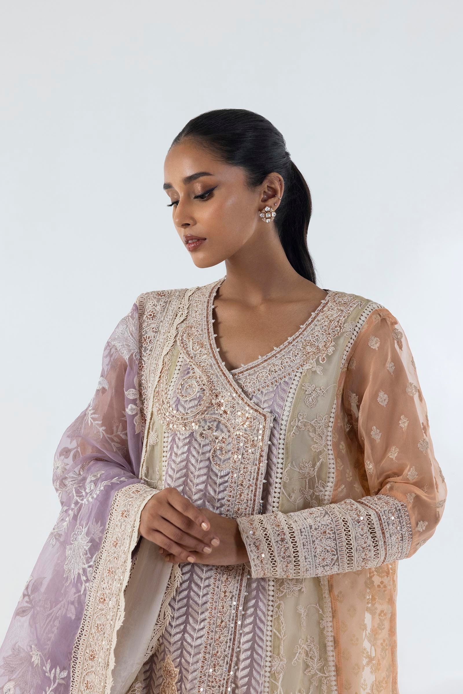 Stitched Angrakha Embroidered Shirt + Shalwar + Dupatta