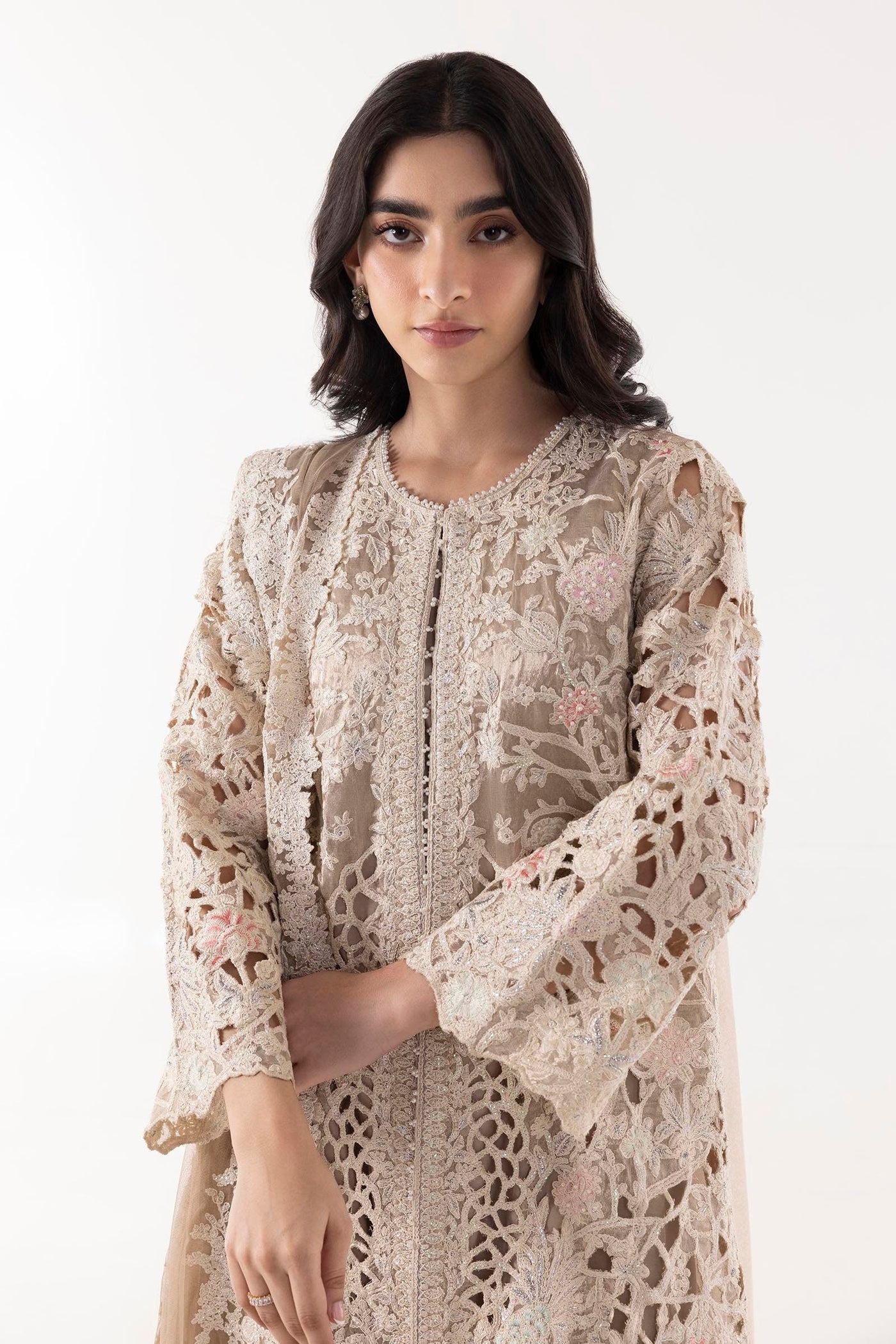 Stitched Beige Embroidered Shirt + Shalwar+ Dupatta