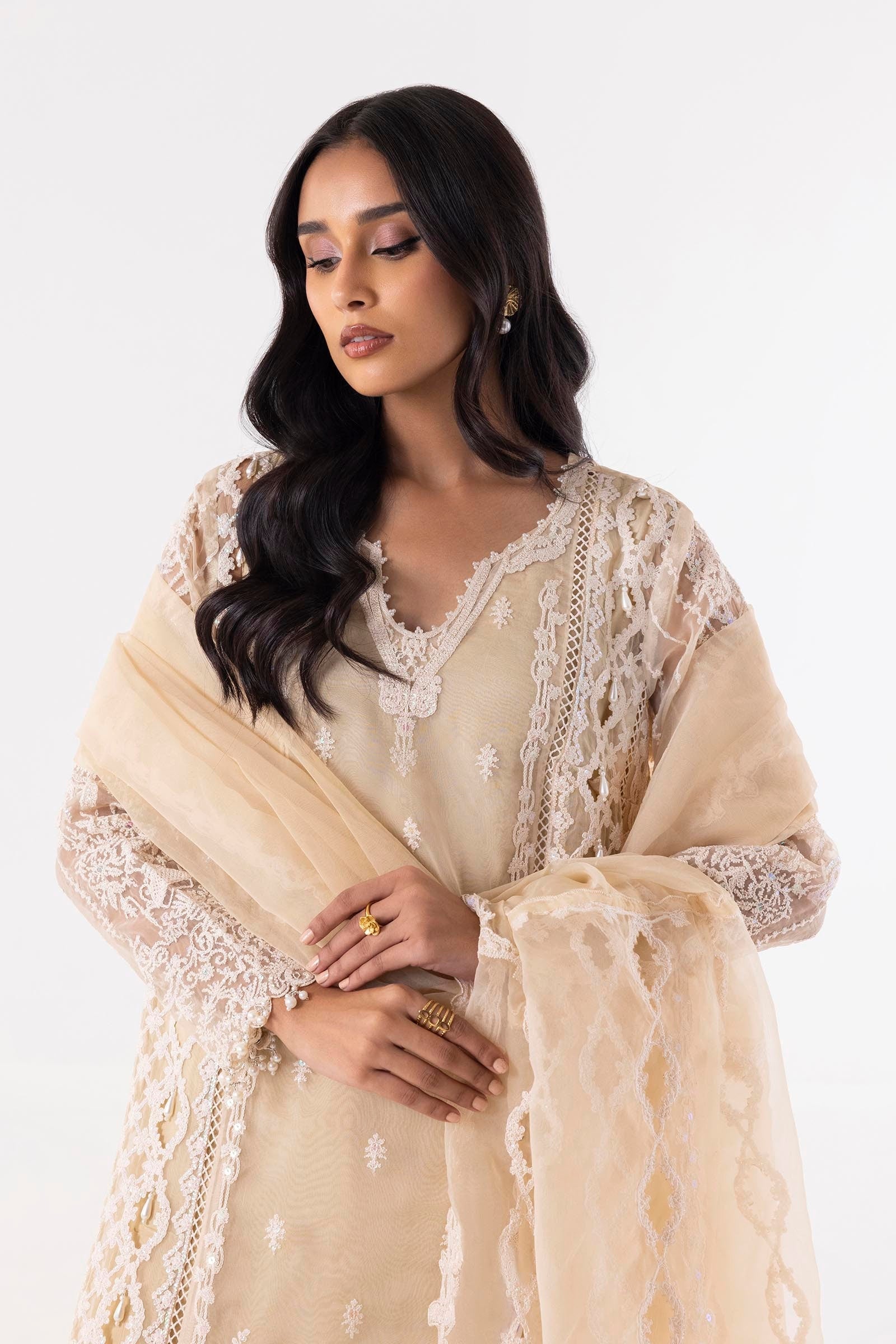 Stitched Beige Embroidered Shirt + Culotte + Dupatta