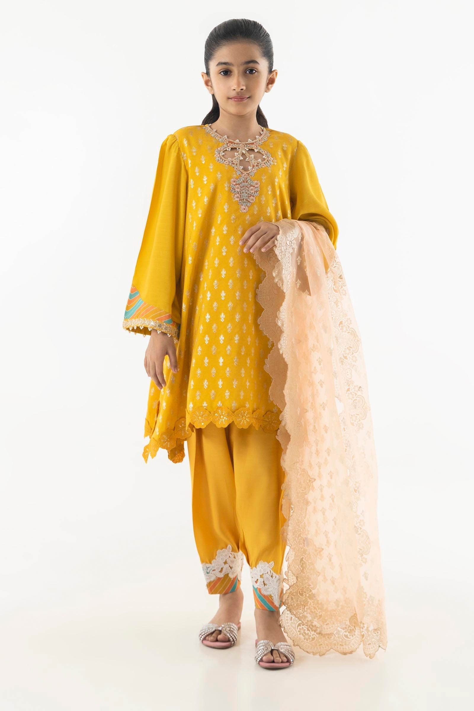 Stitched Kids Mustard Embroidered Suit