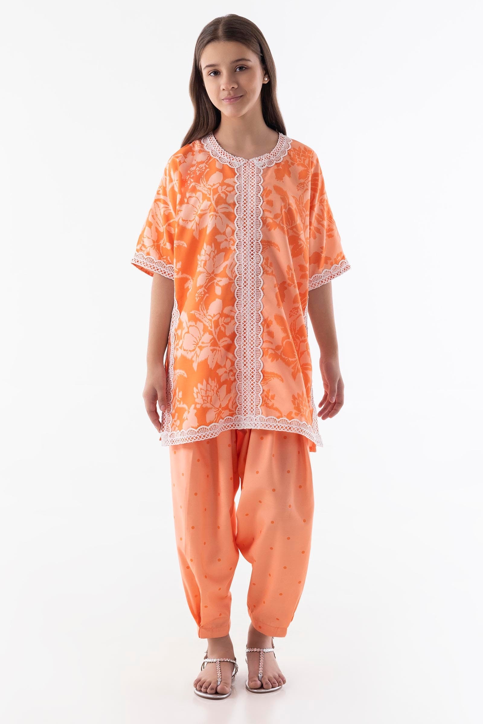 Stitched Kids Orange Printed Shirt + Shalwar