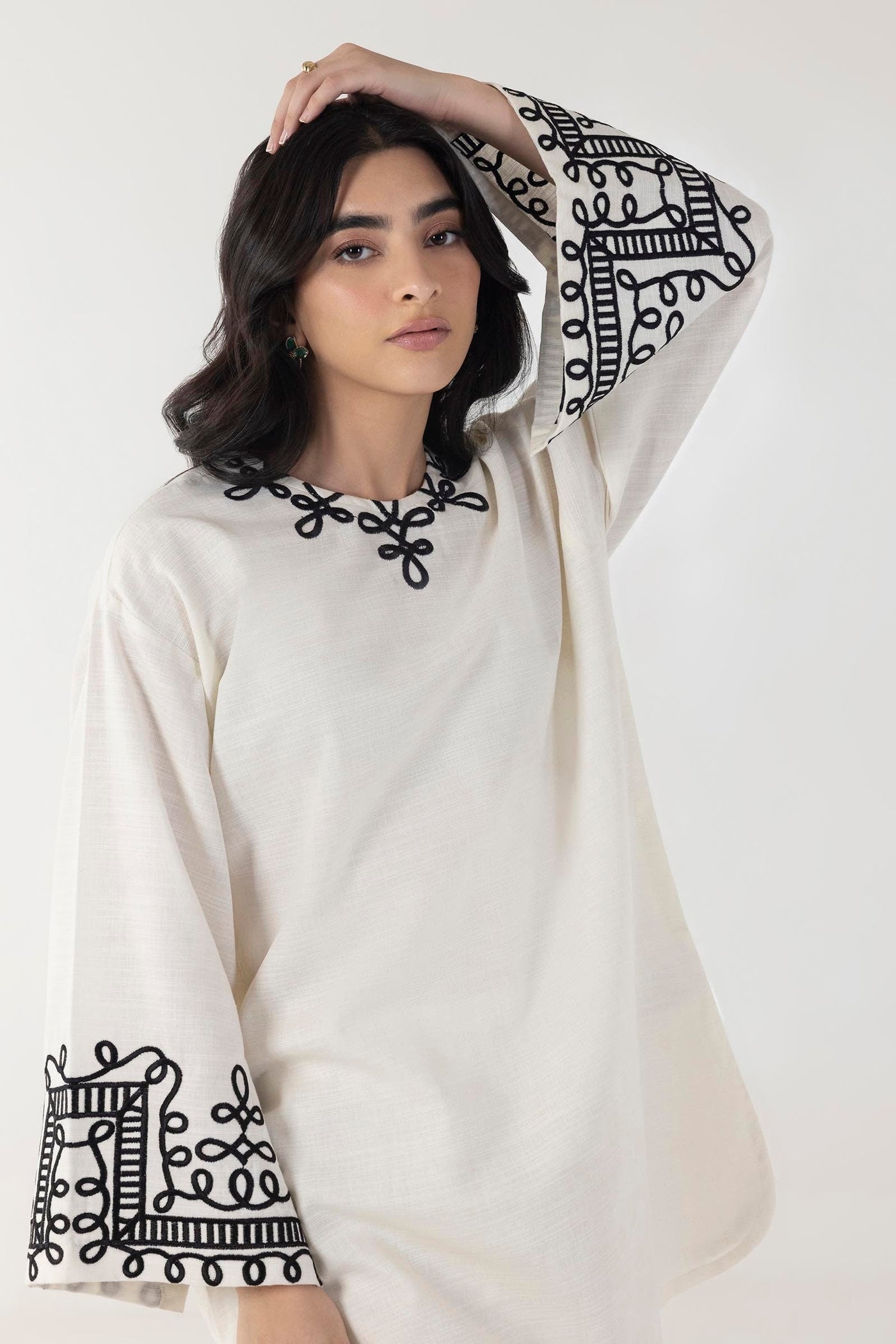 Stitched Off White Embroidered Shirt