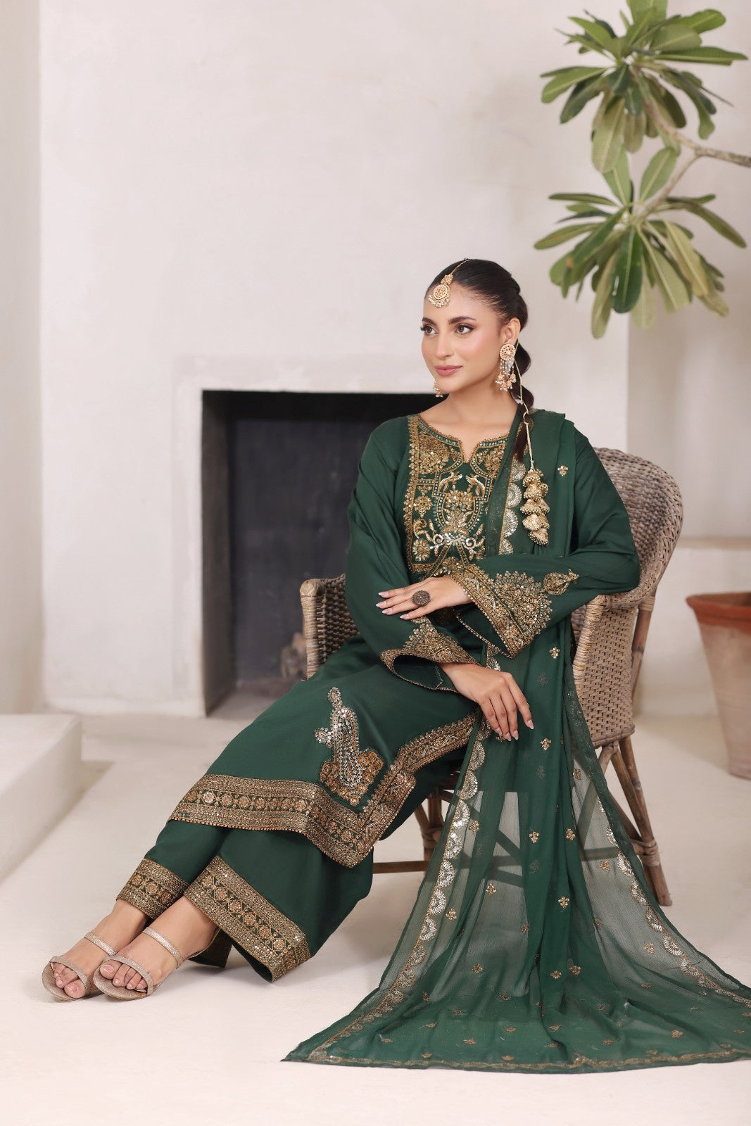 Green Gold Maherposh 3 Piece Embroidered Luxury Pret